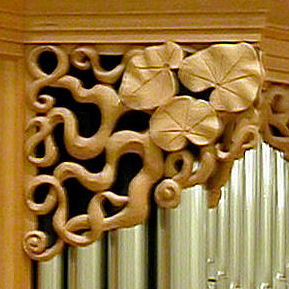 Wood carved lilly pads for pipe shade carvings, DeBartolo Center, University of Notre Dame, Notre Dame, IN